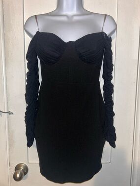 Windsor Black Off-Shoulder Ruched Sleeve Mini Dress